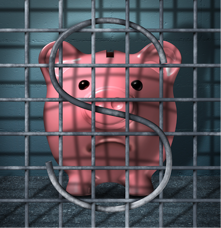 A sad piggy-bank locked in jail